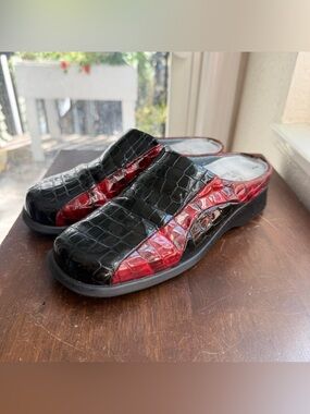 Black and Red Croc-Embossed Slip-On Clogs